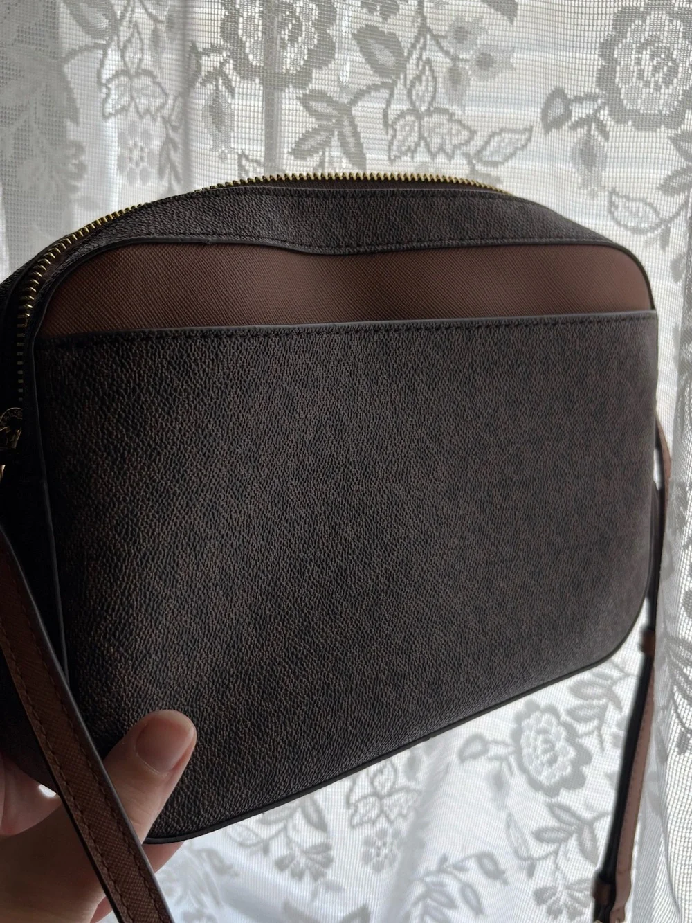 Michael Kors Brown and Tan Signature Crossbody with Gold Chain